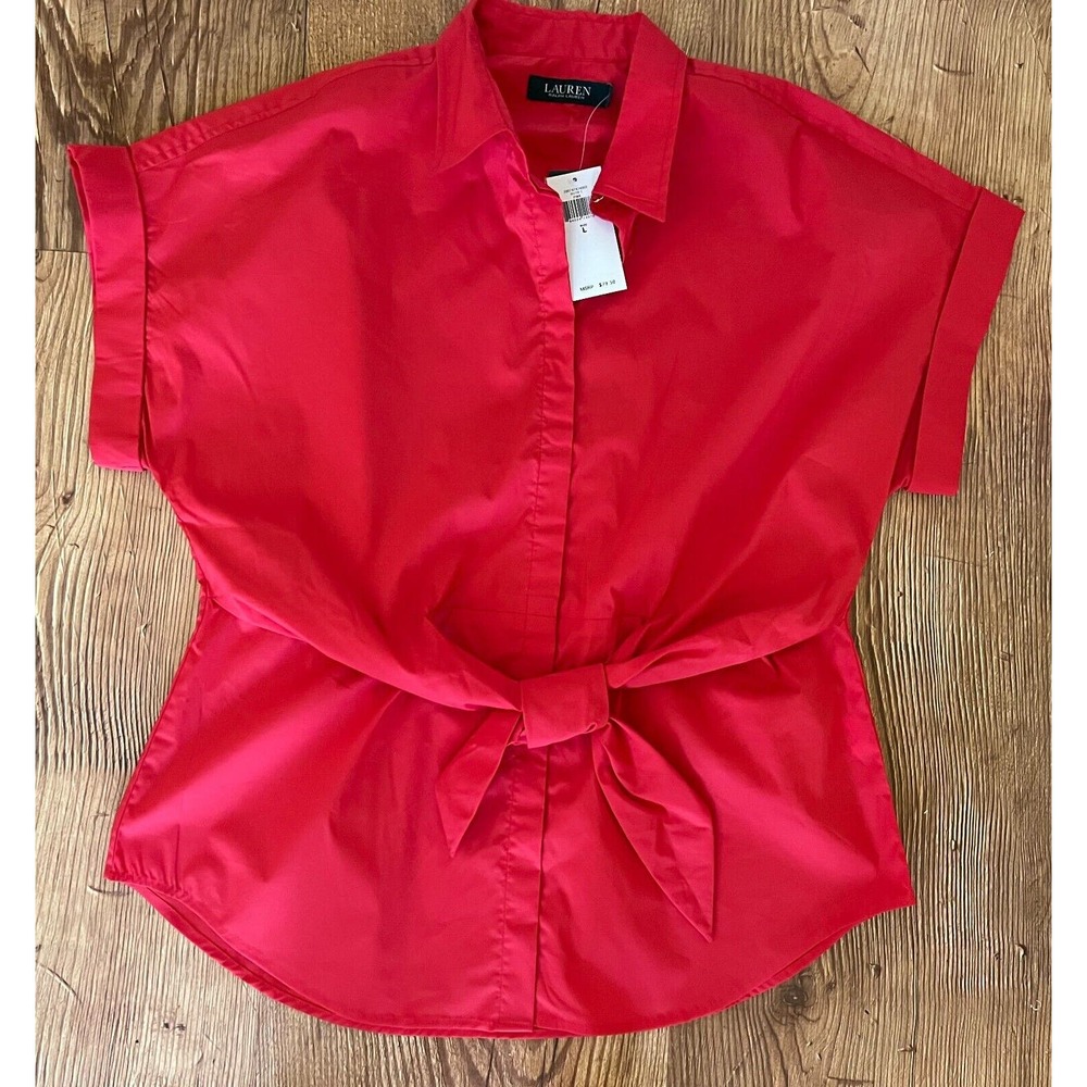Lauren Ralph Lauren RED Cotton Tie Front Shirt 200747474002 Sz L NWT🛒